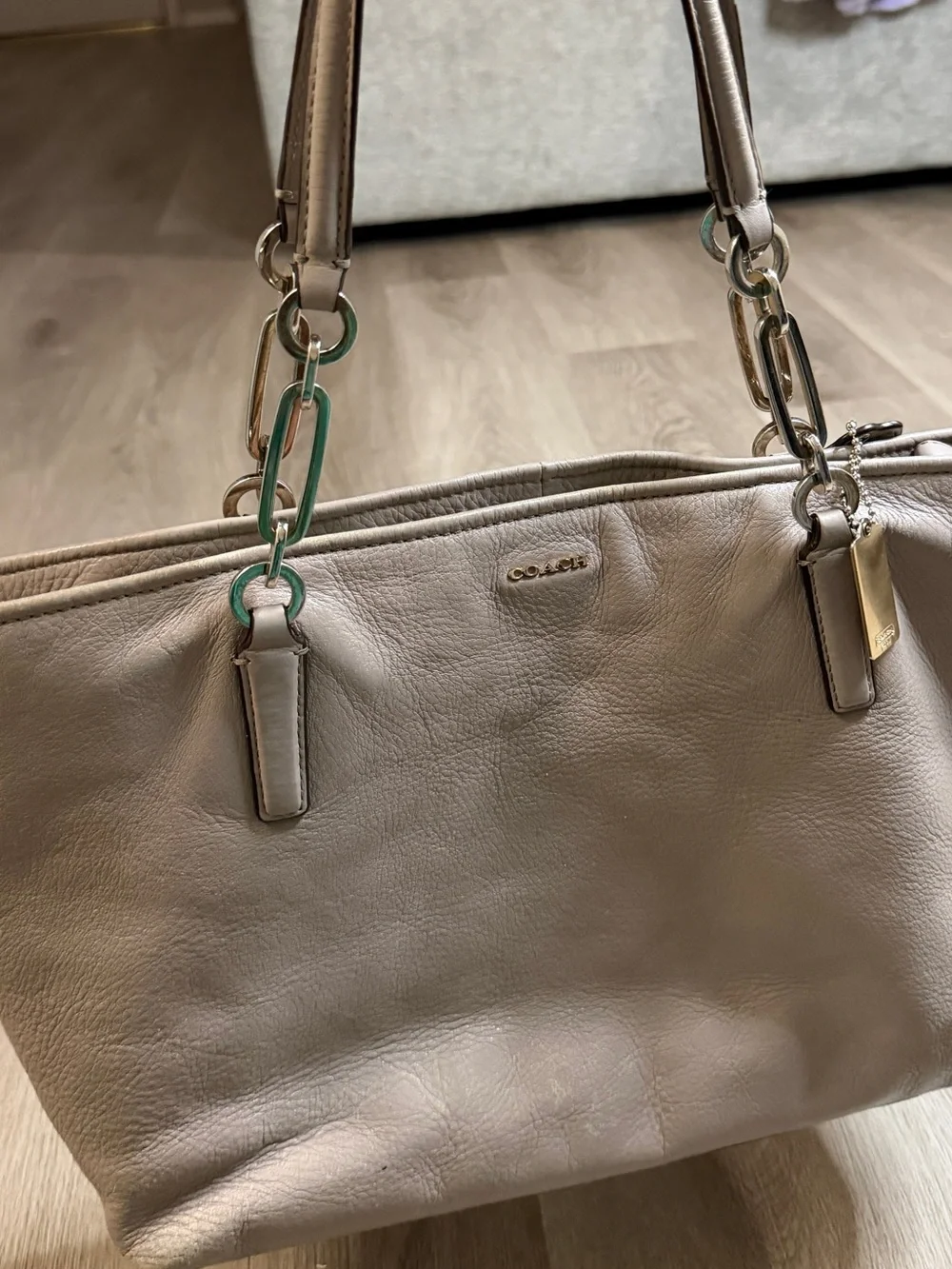 Coach Taupe Leather Tote with Chain-Link Handles